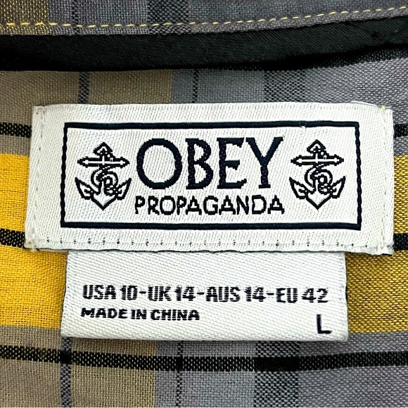 OBEY Women’s Plaid Lightweight Cotton Button Up Shirt Size L Yellow Streetwear - Picture 9 of 12